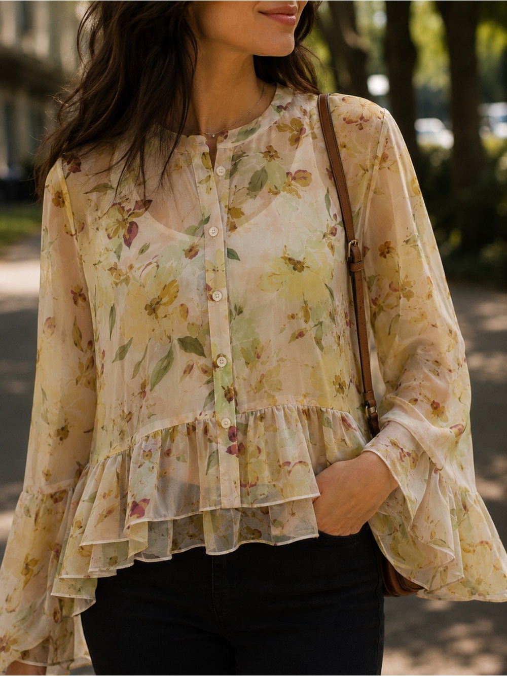 Joie Yellow Floral Sheer Ruffle Blouse